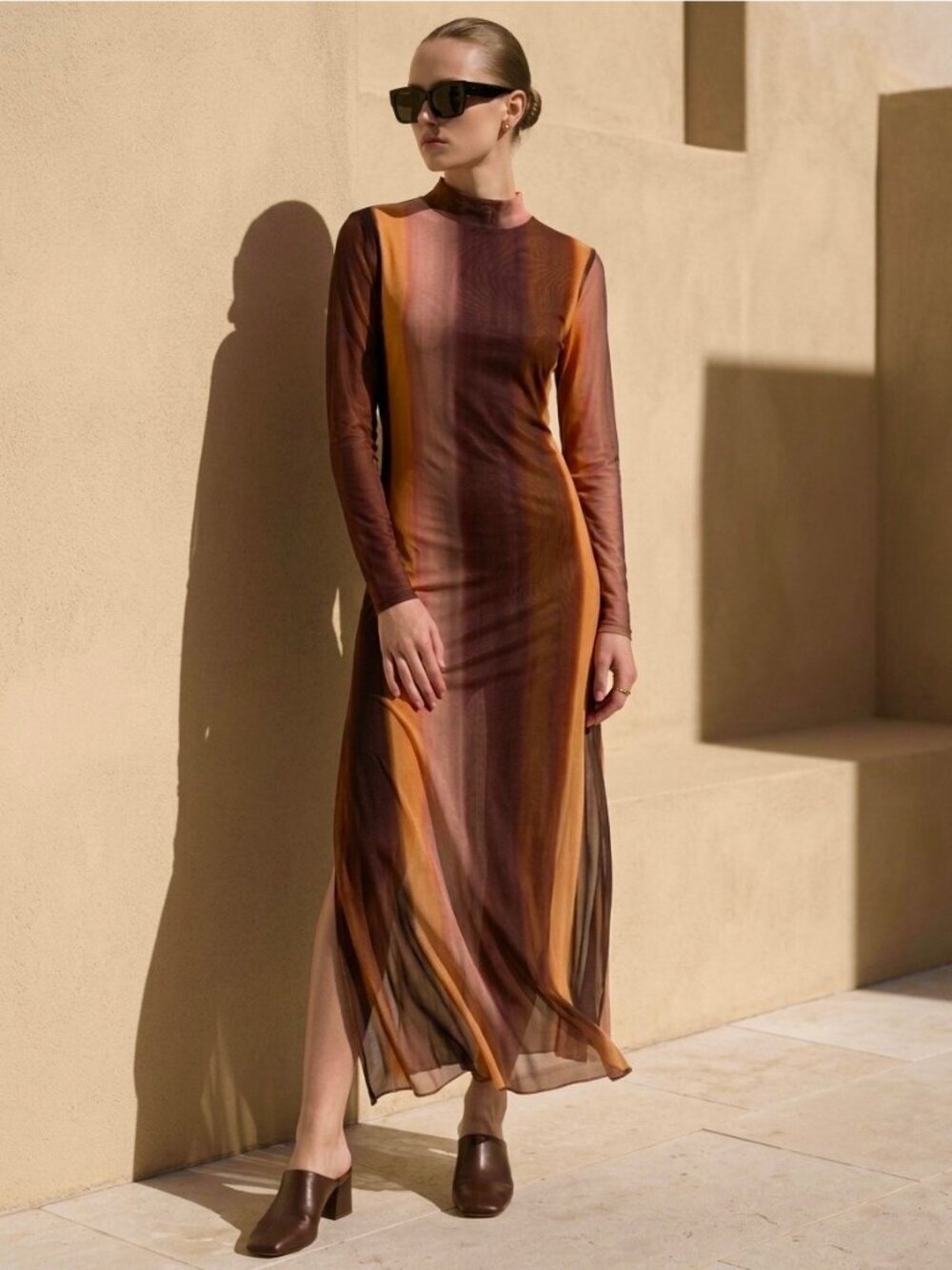 Zara Printed Tulle Maxi Dress Sz L Sheer Mesh High Neck Avant Garde Boho 70s
